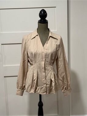 Women's Beige Button-Front Peplum Shirt light weight fitted blazer